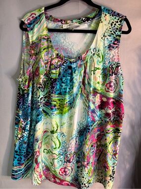 Jones Studio Multicolor Sleeveless Printed Blouse — Blue Pink Green White